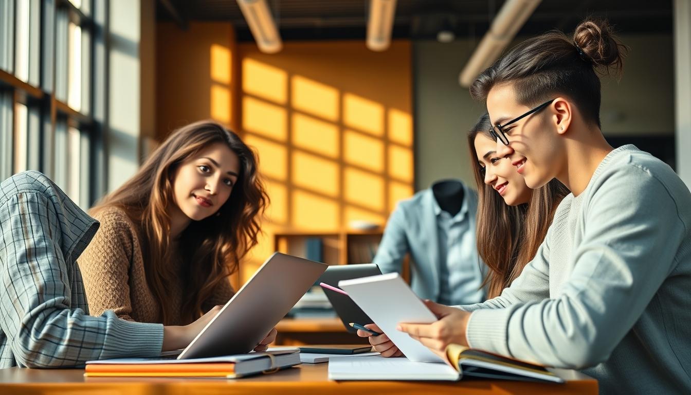 Students studying together in modern classroom